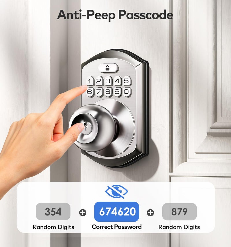 TEEHO Keyless Entry Keypad Door Lock with Handle, Electronic Digital Smart Locks for Front Door, Easy to Install Keypad Deadbolt with Code for Bedroom, Anti-Peeping Password - Nickel - Image 5